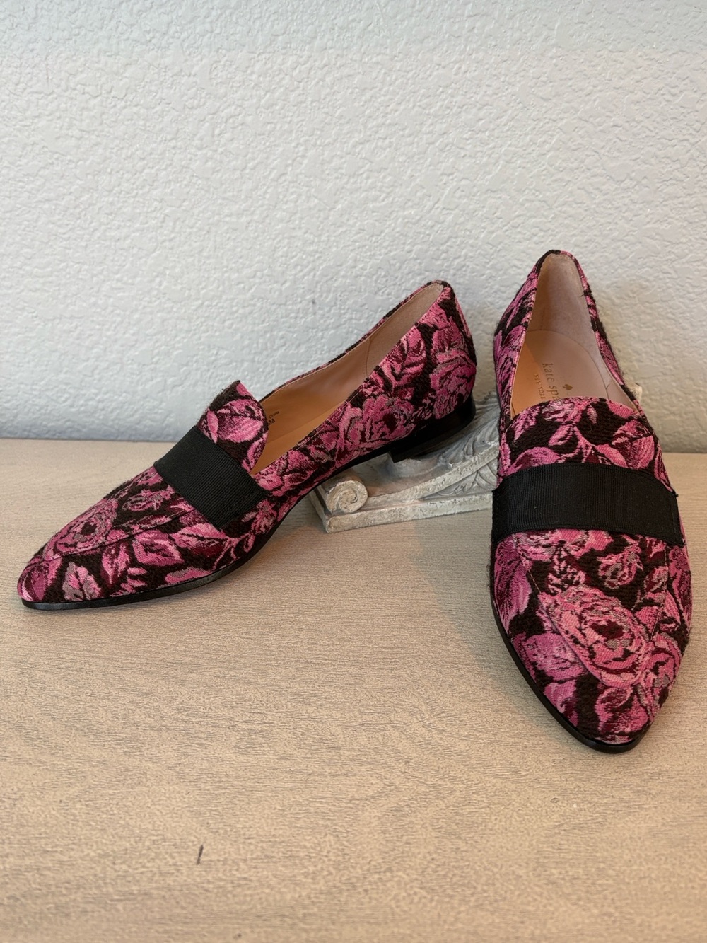 Kate Spade-Corina Pink Floral & Black Brocade Loafers w/Grosgrain Band, 9.5M new
